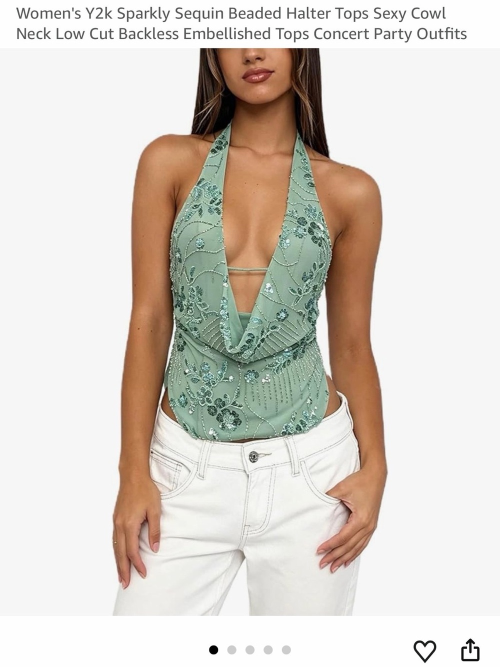 Amazon Sage Green Sequin Beaded Halter Cowl Camisole